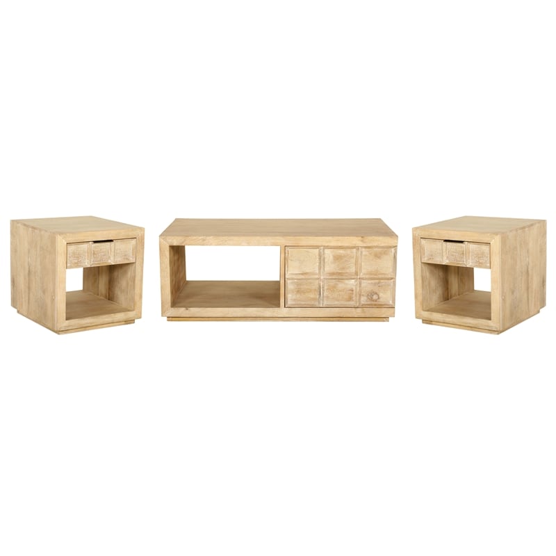 Pemberly Row 3Pc Wood Cocktail & End Table Set with Storage in Bleached Natural
