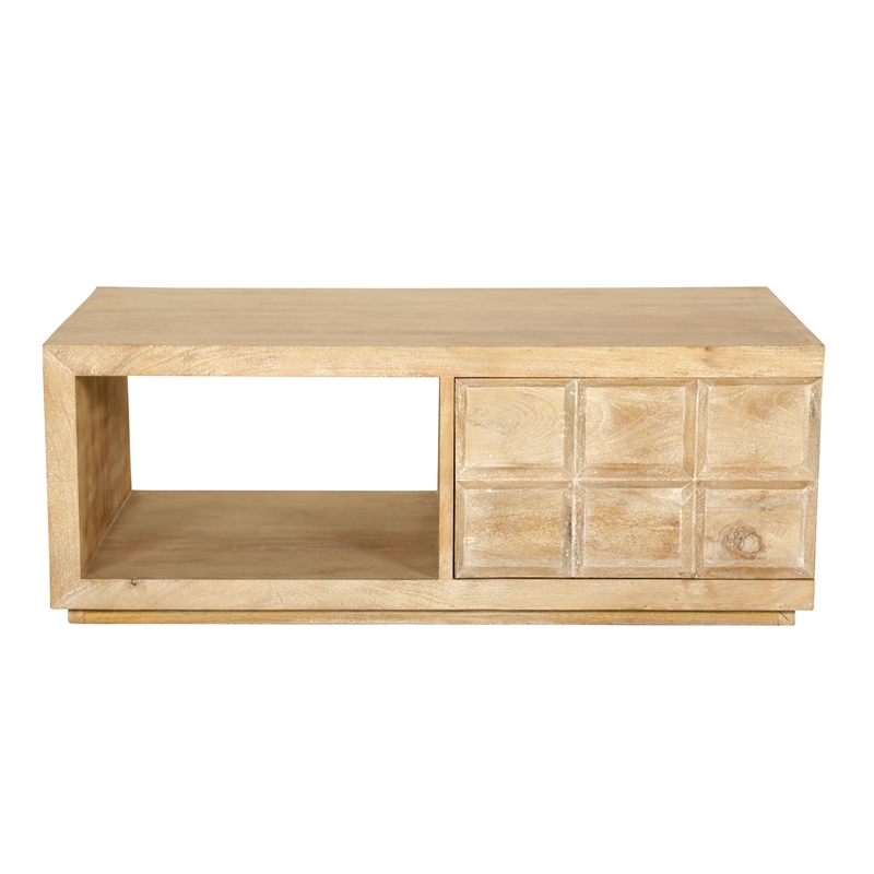 Pemberly Row Wood Cocktail Table with Storage Drawer and Casters in Natural