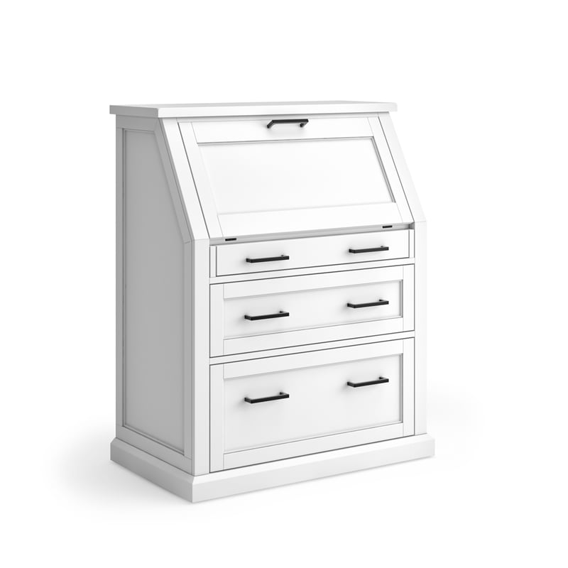 Pemberly Row Wood Drop-Lid Secretary Desk w/ Power Center & File Drawer in White