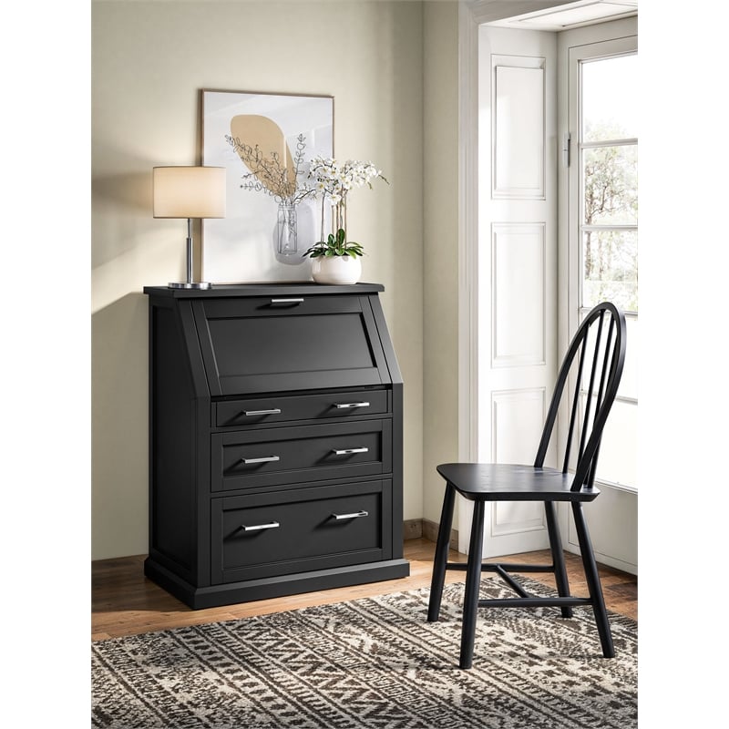 Pemberly Row Drop-Lid Secretary Desk with File Drawer Fully Assembled in Black