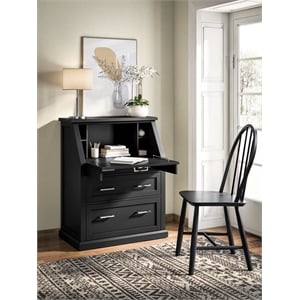 Pemberly Row Drop-Lid Secretary Desk with File Drawer Fully Assembled in Black