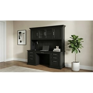 Pemberly Row Modern Wood Credenza and Hutch Set with Power Center in Black