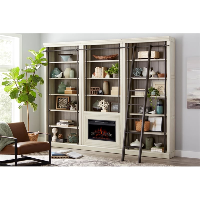 Pemberly Row 8' Tall 3-Section Bookcase Wall with Fireplace and Ladder in White