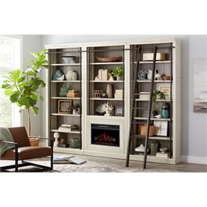 Pemberly Row 8' Tall 3-Section Bookcase Wall with Fireplace and Ladder in White