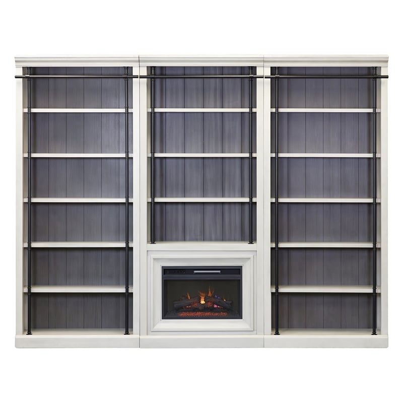 Pemberly Row 8' Tall 3-Section Bookcase Wall with Fireplace and Ladder in White