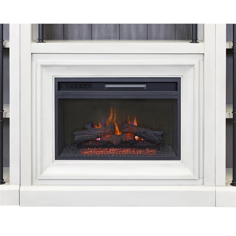 Pemberly Row 8' Tall 3-Section Bookcase Wall with Fireplace and Ladder in White