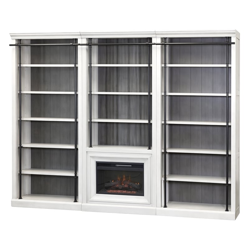 Pemberly Row 8' Tall 3-Section Bookcase Wall with Fireplace and Ladder in White