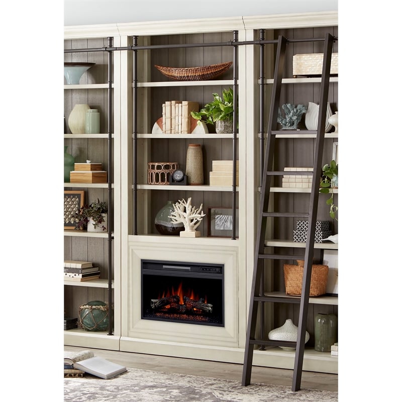 Pemberly Row 8' Tall 3-Section Bookcase Wall with Fireplace and Ladder in White