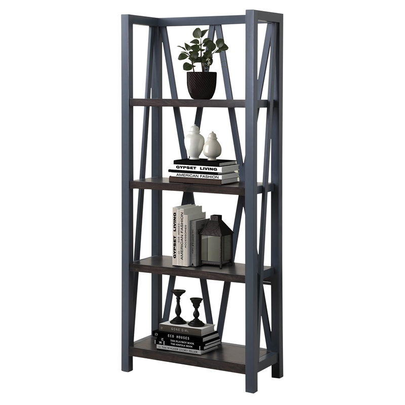 Pemberly Row Traditional Wood Etagere Bookcase with Cross Supports in Denim Blue