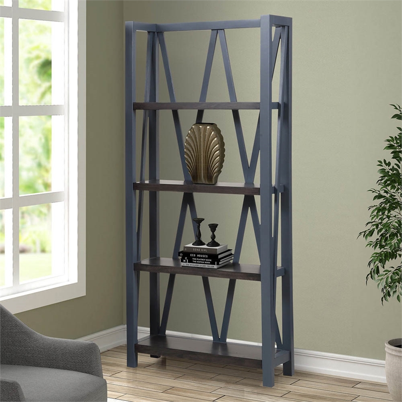 Pemberly Row Traditional Wood Etagere Bookcase with Cross Supports in Denim Blue