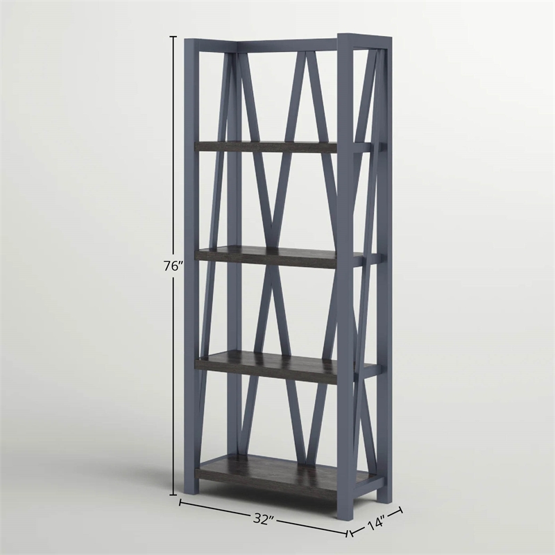Pemberly Row Traditional Wood Etagere Bookcase with Cross Supports in Denim Blue