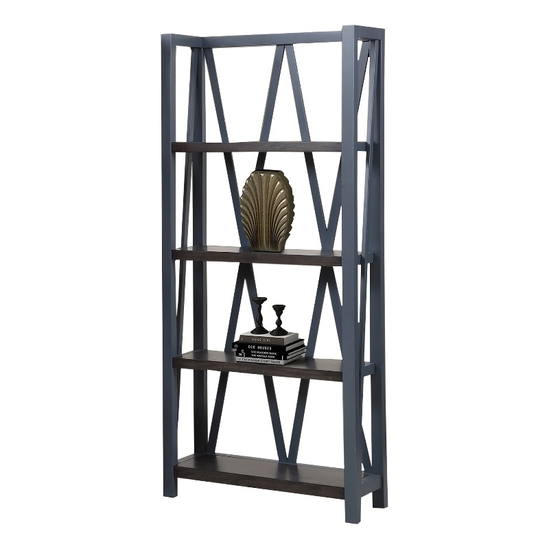 Pemberly Row Traditional Wood Etagere Bookcase with Cross Supports in Denim Blue