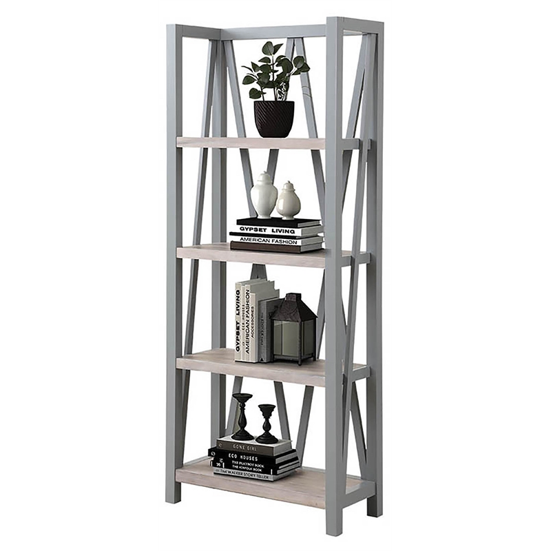 Pemberly Row Traditional Wood Etagere Bookcase with Cross Supports in Gray