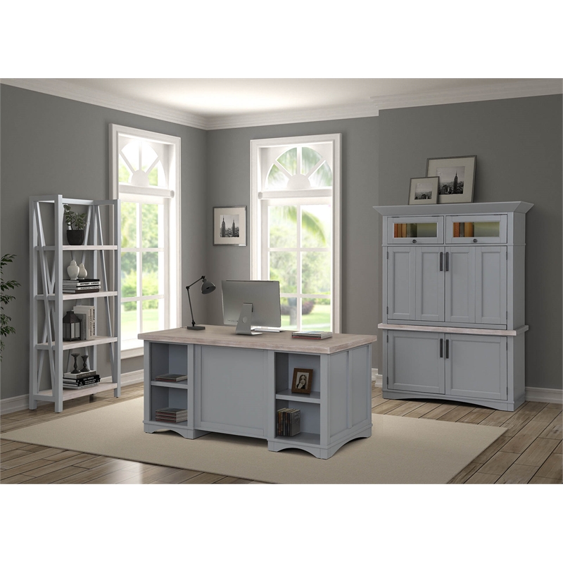 Pemberly Row Traditional Wood Etagere Bookcase with Cross Supports in Gray