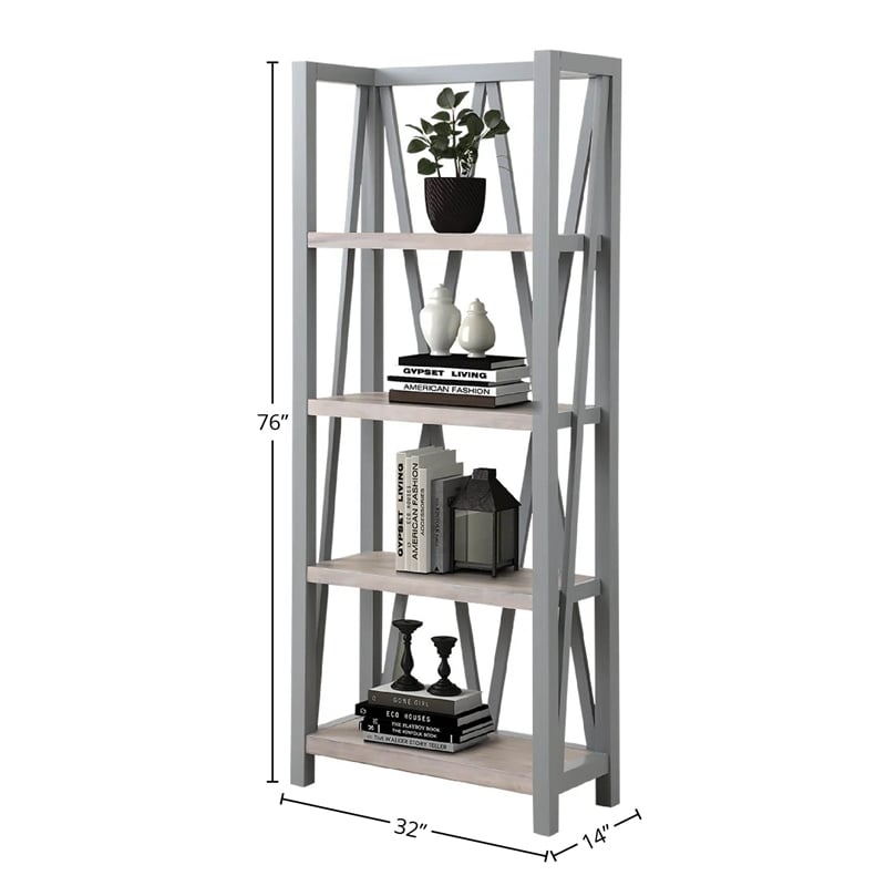 Pemberly Row Traditional Wood Etagere Bookcase with Cross Supports in Gray