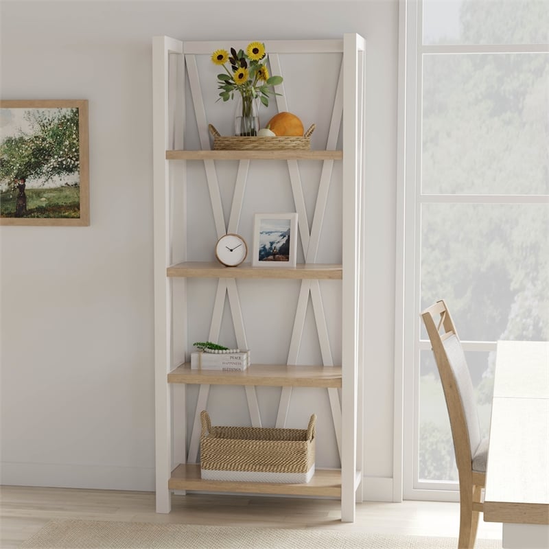 Pemberly Row Traditional Wood Etagere Bookcase with Cross Supports in White