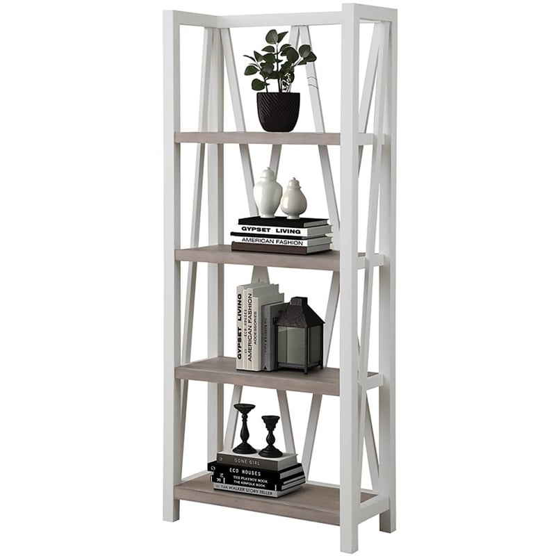 Pemberly Row Traditional Wood Etagere Bookcase with Cross Supports in White