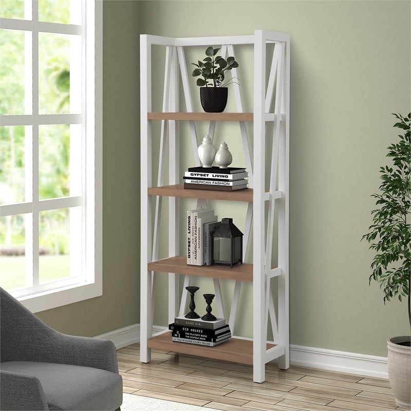 Pemberly Row Traditional Wood Etagere Bookcase with Cross Supports in White