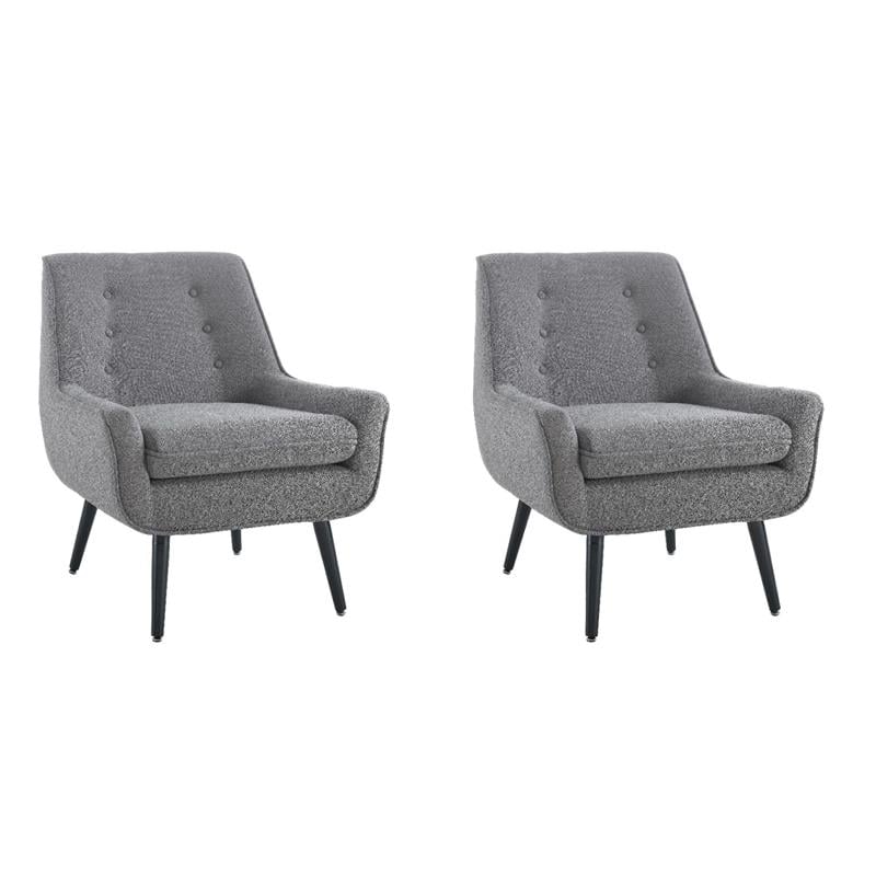 Pemberly Row Set of 2 Tufted Accent Chairs in Gray Fabric with Black Wood Legs