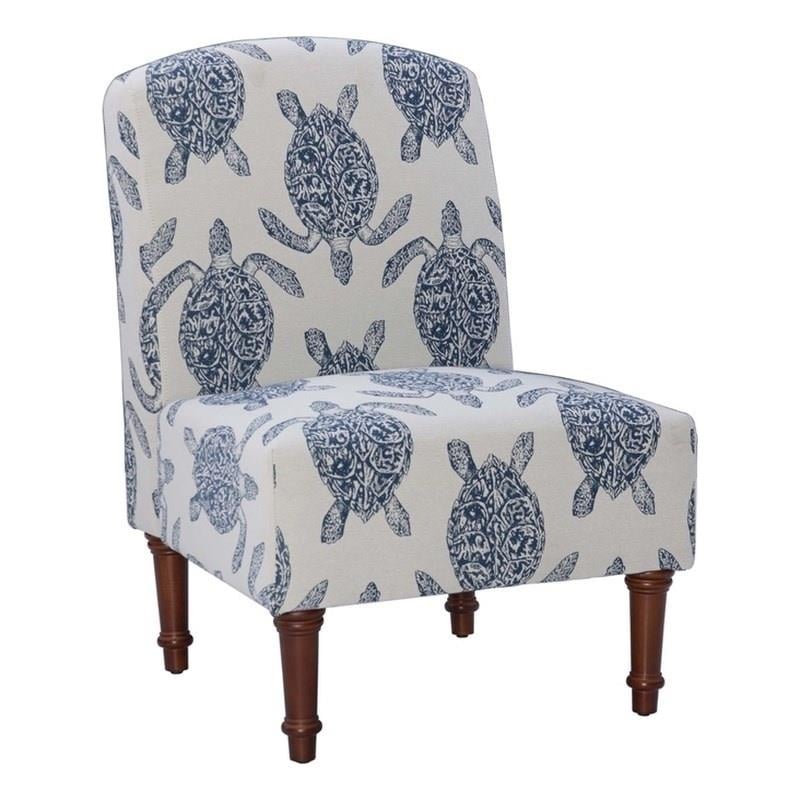 Pemberly Row Set of 2 Turtle Print Armless Accent Chairs in Blue & Cream