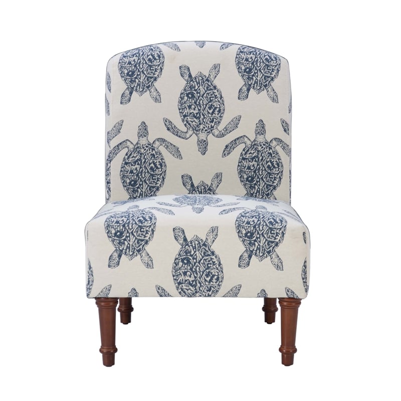 Pemberly Row Set of 2 Turtle Print Armless Accent Chairs in Blue & Cream
