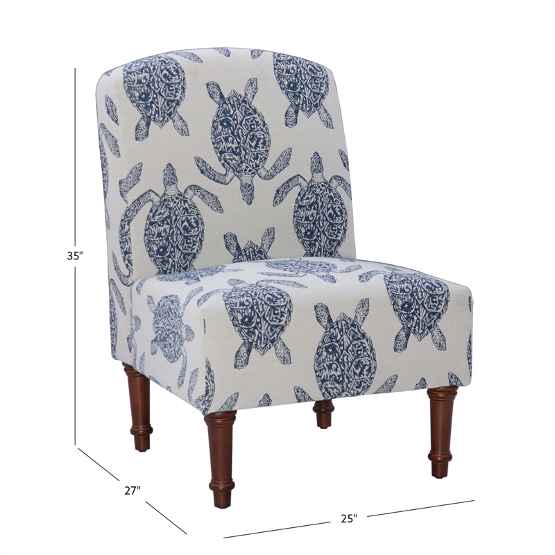 Pemberly Row Set of 2 Turtle Print Armless Accent Chairs in Blue & Cream