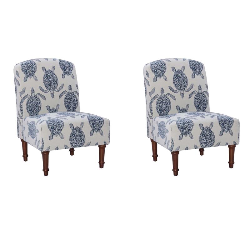 Pemberly Row Set of 2 Turtle Print Armless Accent Chairs in Blue & Cream