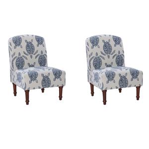 Pemberly Row Set of 2 Turtle Print Armless Accent Chairs in Blue & Cream