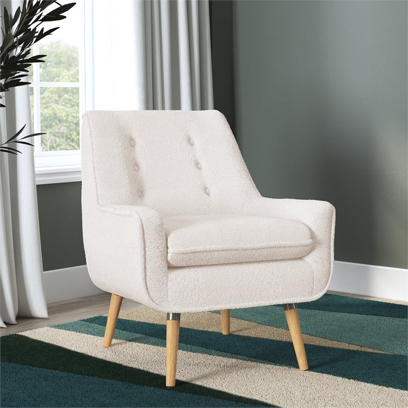 Pemberly Row Set of 2 Upholstered Accent Chairs in Cream Sherpa with Wood Legs