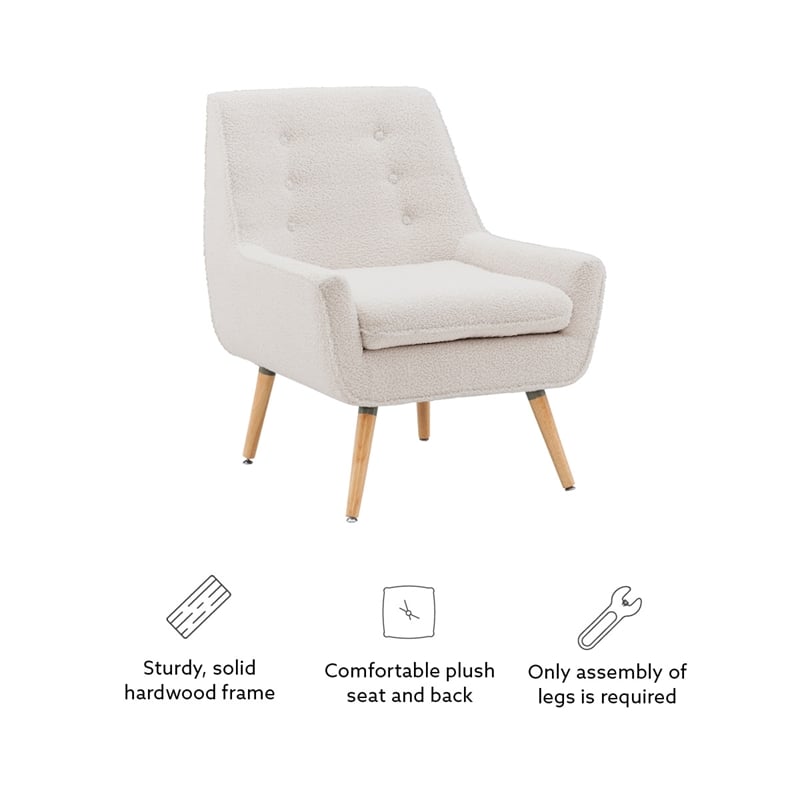Pemberly Row Set of 2 Upholstered Accent Chairs in Cream Sherpa with Wood Legs