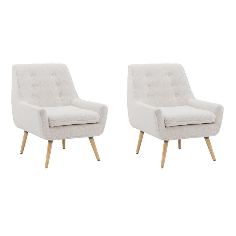 Pemberly Row Set of 2 Upholstered Accent Chairs in Cream Sherpa with Wood Legs