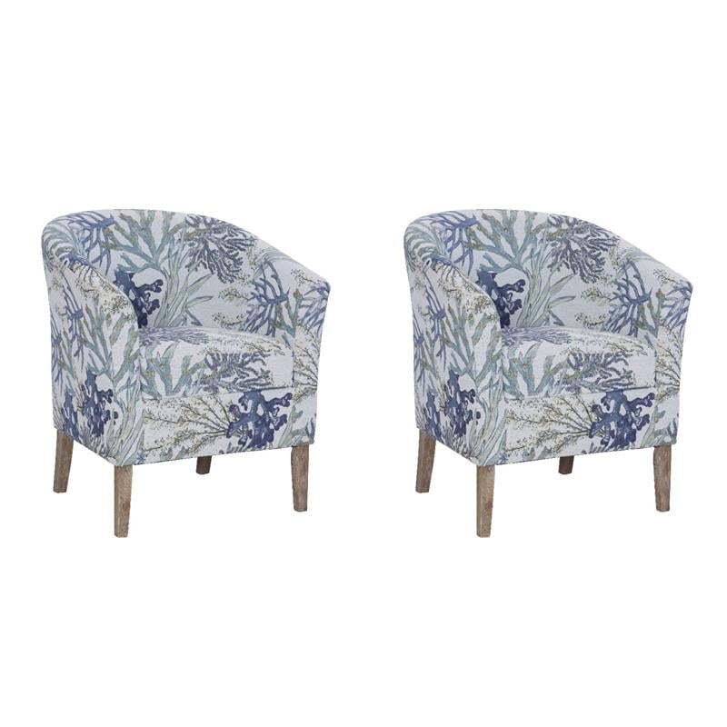 Pemberly Row Club Chairs Set of 2 in Blue Coral Print Fabric