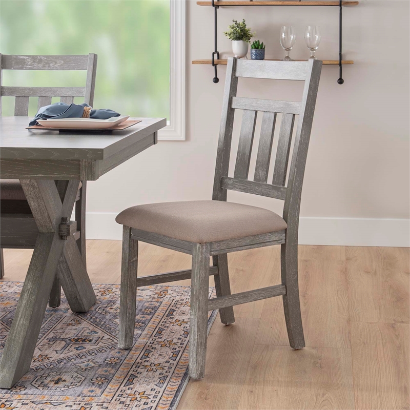 Pemberly Row Dining Set with Table and 6 Slat Back Chairs in Weathered Gray Wood