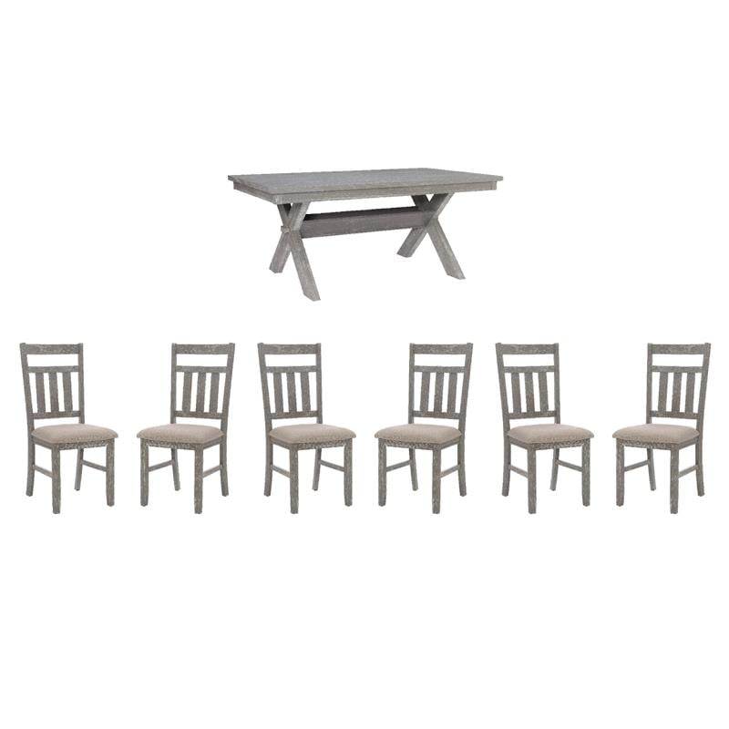 Pemberly Row Dining Set with Table and 6 Slat Back Chairs in Weathered Gray Wood