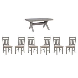 Pemberly Row Dining Set with Table and 6 Slat Back Chairs in Weathered Gray Wood