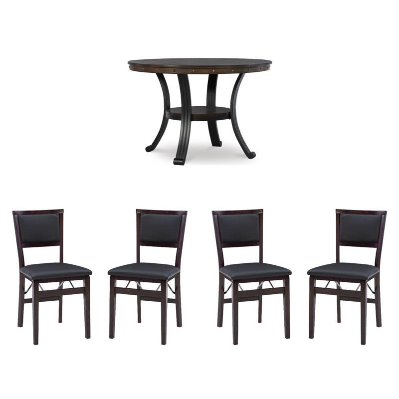 Pemberly Row 5-Piece Dining Set with Rustic Table and 2 Folding Chairs