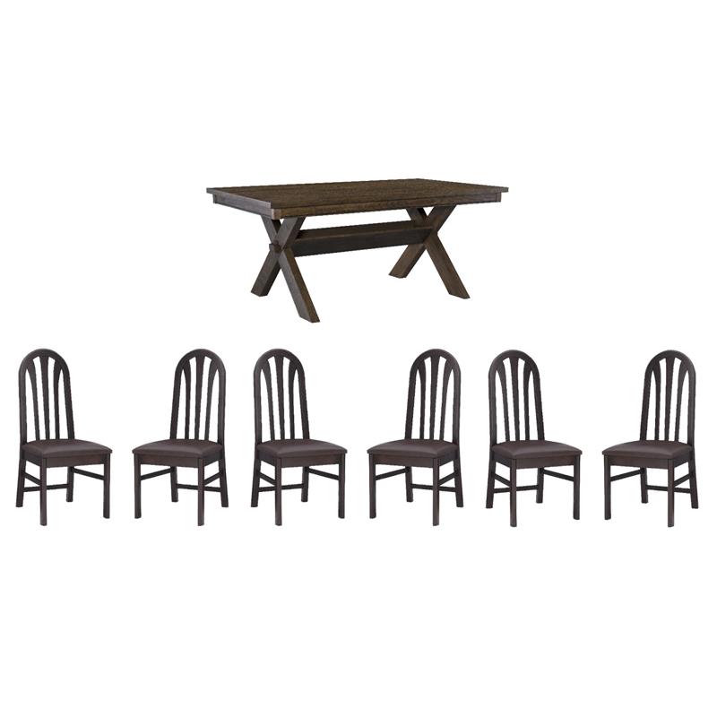 Pemberly Row Rustic Dining Table and 6 Faux Leather Slat Back Chairs Set