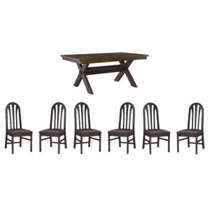 Pemberly Row Rustic Dining Table and 6 Faux Leather Slat Back Chairs Set