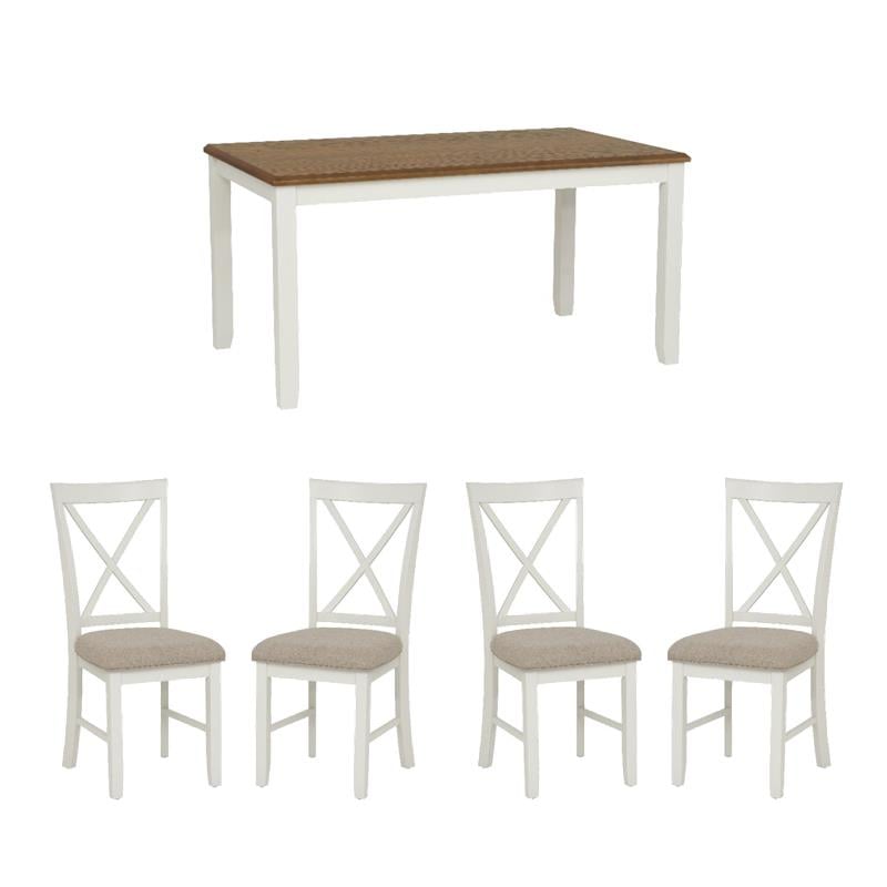 Pemberly Row Dining Set of Table and 4 X-Back Chairs - White and Brown Wood