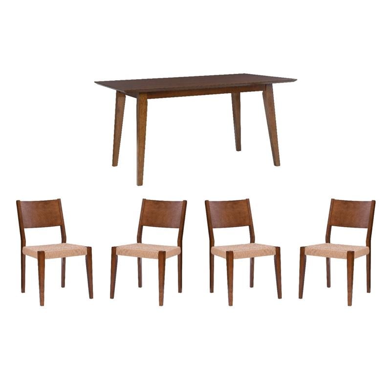 Pemberly Row Dining Table and Set of 4 Dining Chairs in Brown with Woven Seats