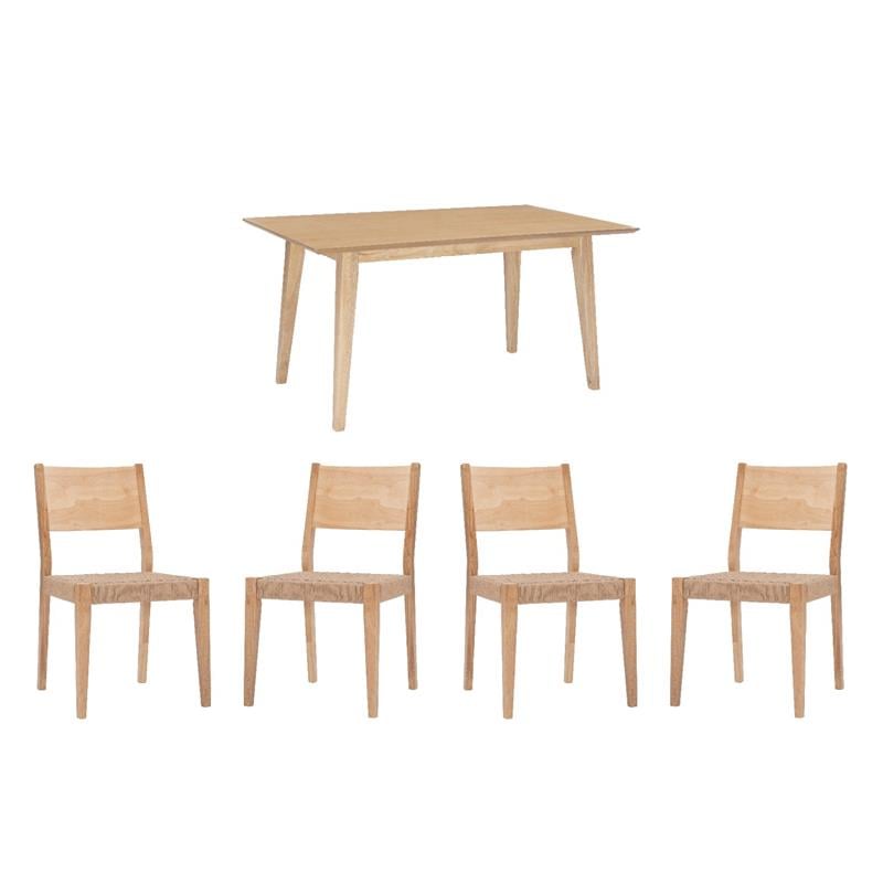 Pemberly Row Dining Set of Table & 4 Woven Seat Chairs in Natural Brown Wood