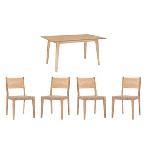 Pemberly Row Dining Set of Table & 4 Woven Seat Chairs in Natural Brown Wood