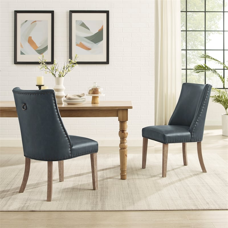 Pemberly Row Dining Set of 5  with Natural Wood & Navy Faux Leather Chairs