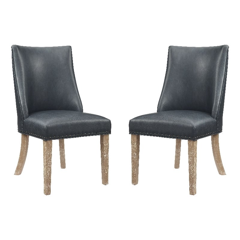 Pemberly Row Dining Set of 5  with Natural Wood & Navy Faux Leather Chairs