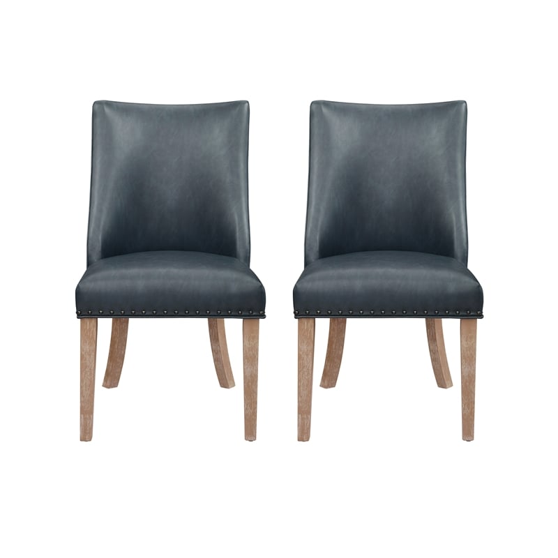 Pemberly Row Dining Set of 5  with Natural Wood & Navy Faux Leather Chairs
