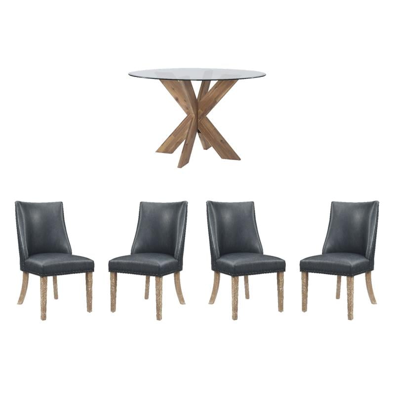 Pemberly Row Dining Set of 5  with Natural Wood & Navy Faux Leather Chairs
