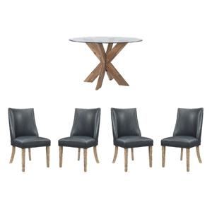 Pemberly Row Dining Set of 5  with Natural Wood & Navy Faux Leather Chairs