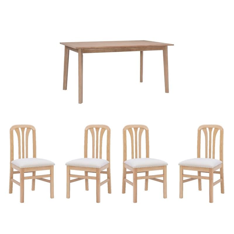 Pemberly Row Dining Set with Table & 4 Slat Back Chairs in Natural Brown Wood