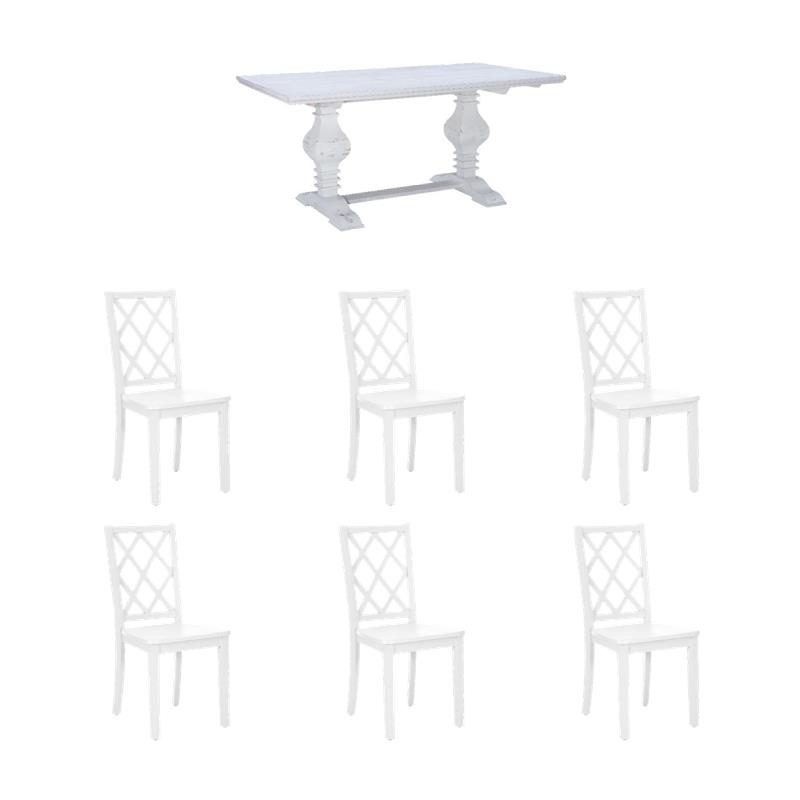 Pemberly Row Dining Table and 6 Side Chairs Set in Distressed White Pine Wood