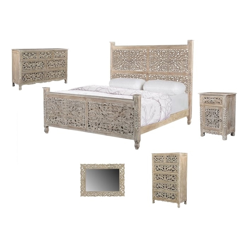 Pemberly Row Gray Floral Carved Solid Wood Mango 5-Piece King Bedroom Set